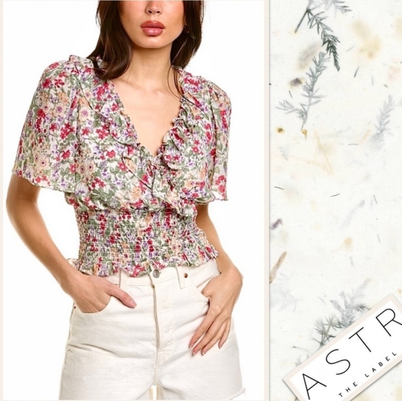 ASTR THE LABEL Smocked Waist Faux Wrap Look Multi Floral M - Picture 2 of 10